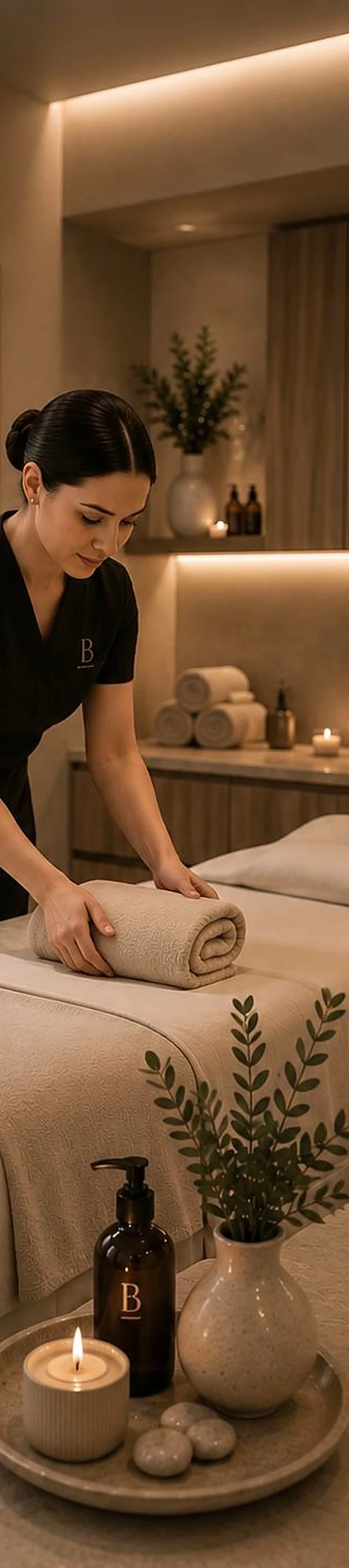 Terapeuta preparando una cabina de masaje